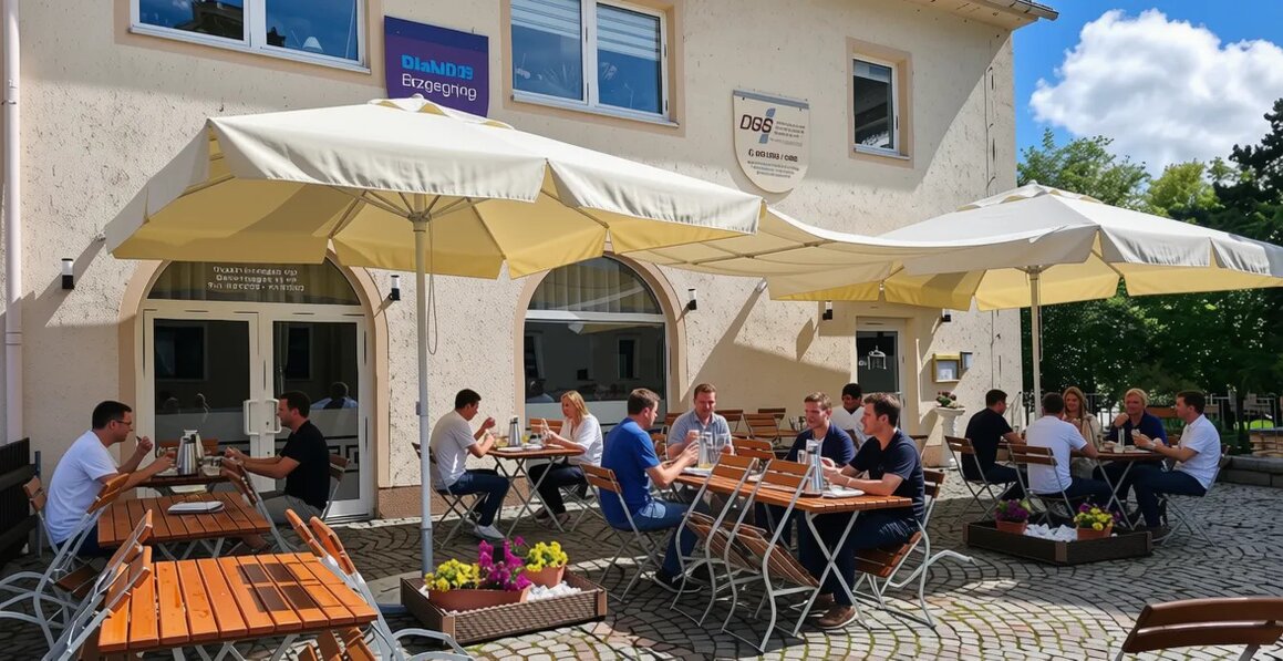 Mitarbeiter bedienen Gäste im Biergarten der Taverne Nostos